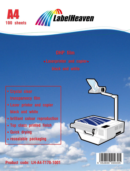 100 Blatt A4 Overheadfolien LH-A4-T170-100  (OHP) Folie transparent-glasklar für s/w Laserdrucker und s/w Kopierer