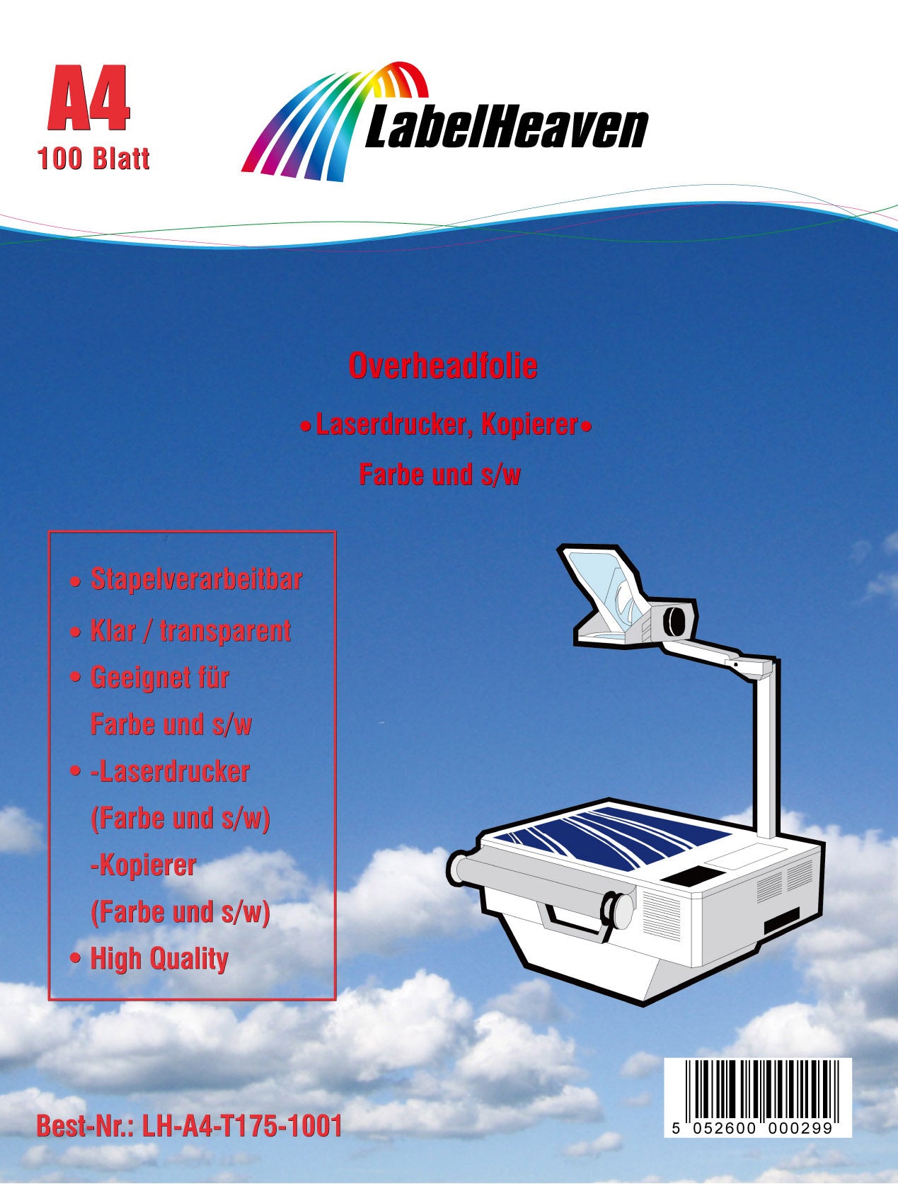 100 Blatt A4 Overheadfolien LH-A4-T175-100 (OHP) Folie transparent-glasklar für Farb-Laserdrucker und Farb-Kopierer