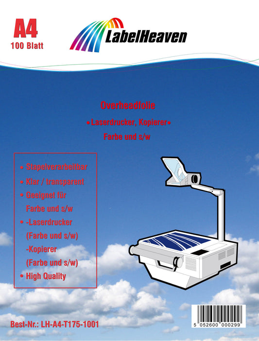 100 Blatt A4 Overheadfolien LH-A4-T175-100 (OHP) Folie transparent-glasklar für Farb-Laserdrucker und Farb-Kopierer