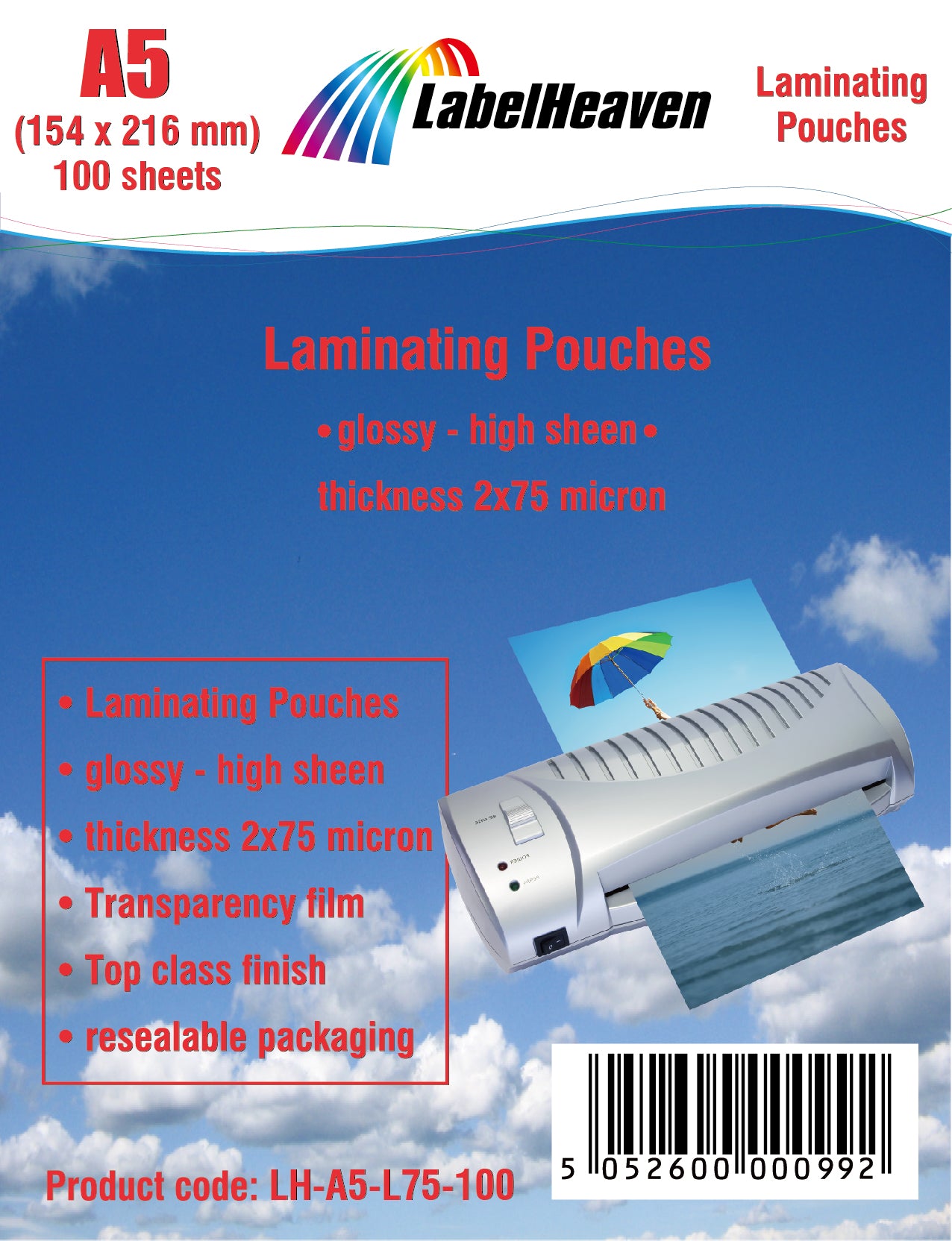 100 Blatt A5 Laminierfolien/Laminiertaschen glänzend von LabelHeaven Ltd.