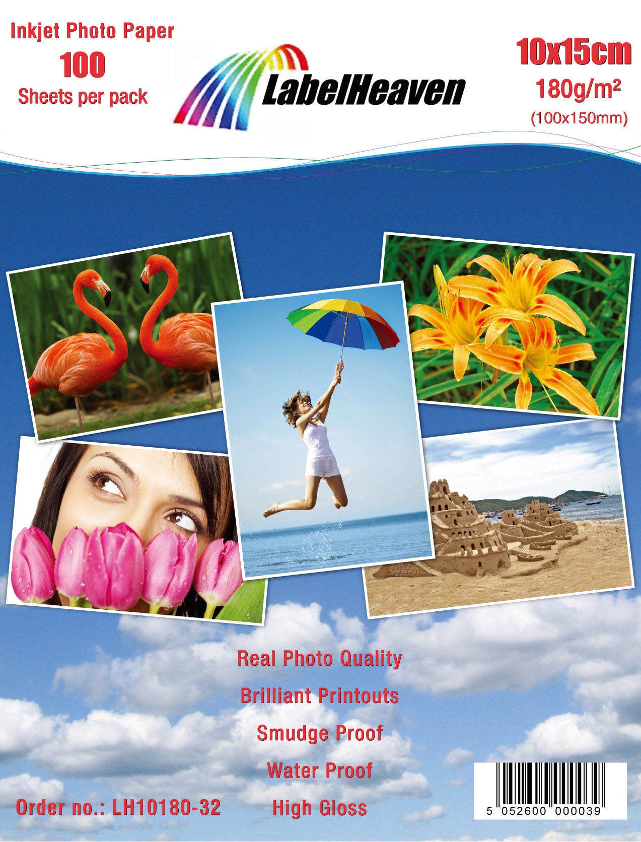 100 Blatt 10x15cm 180g/m² Fotopapier HGlossy+wasserfest von Labelheaven LH10180-32