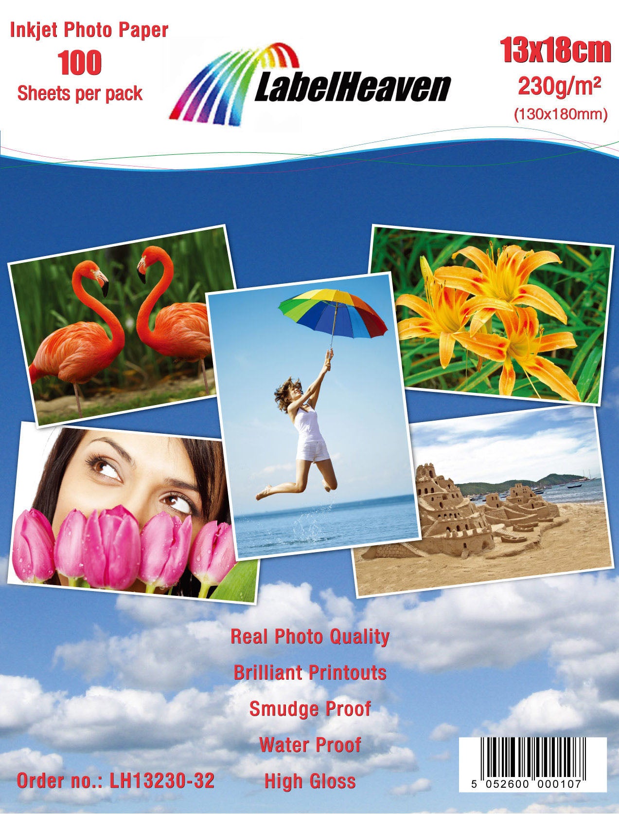 100 Blatt 13x18cm 230g/m² Fotopapier HGlossy+wasserfest von Labelheaven LH13230-32