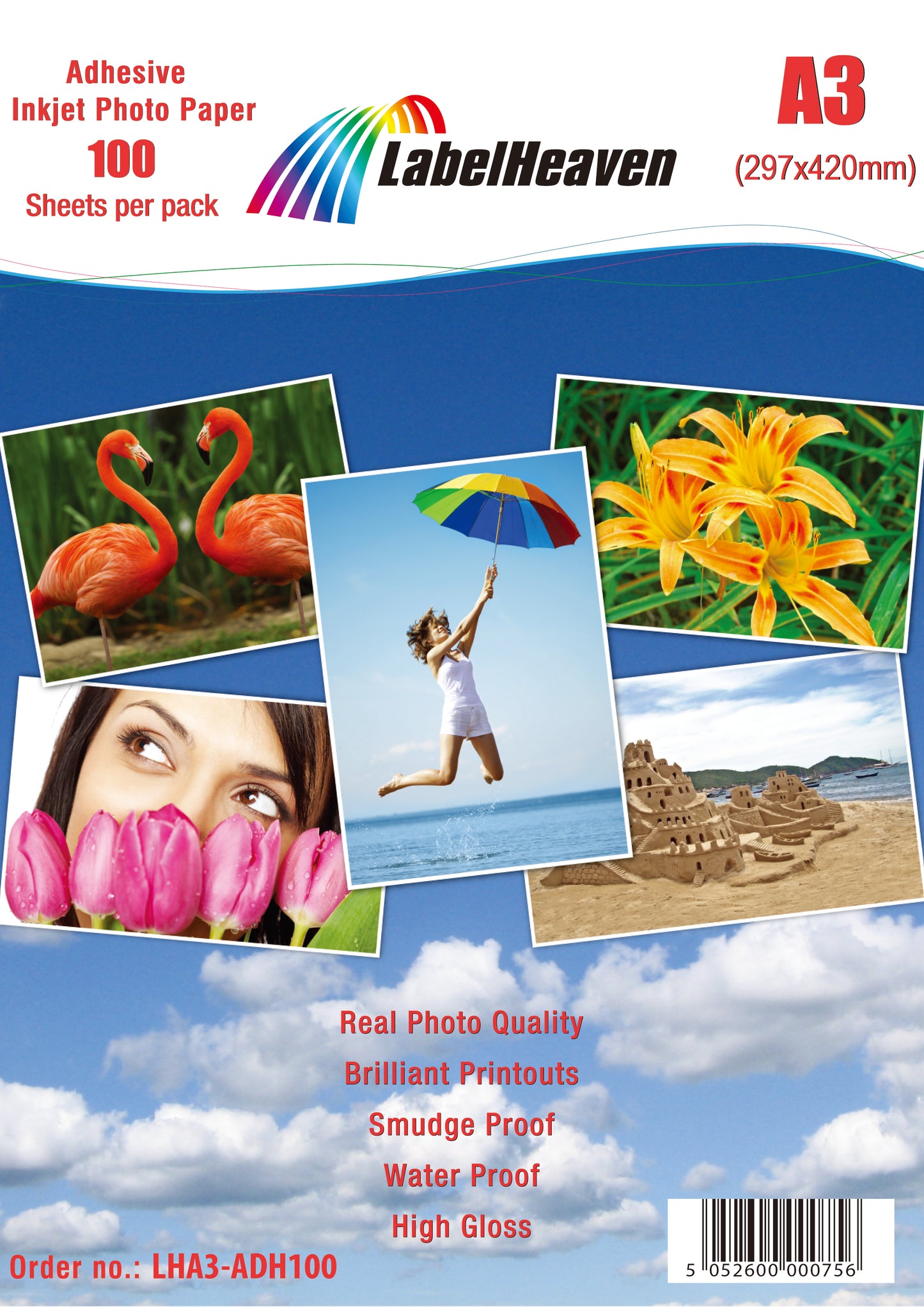 100 Blatt A3 Fotopapier selbstklebend HighGlossy+wasserfest von Labelheaven LHA3ADH100