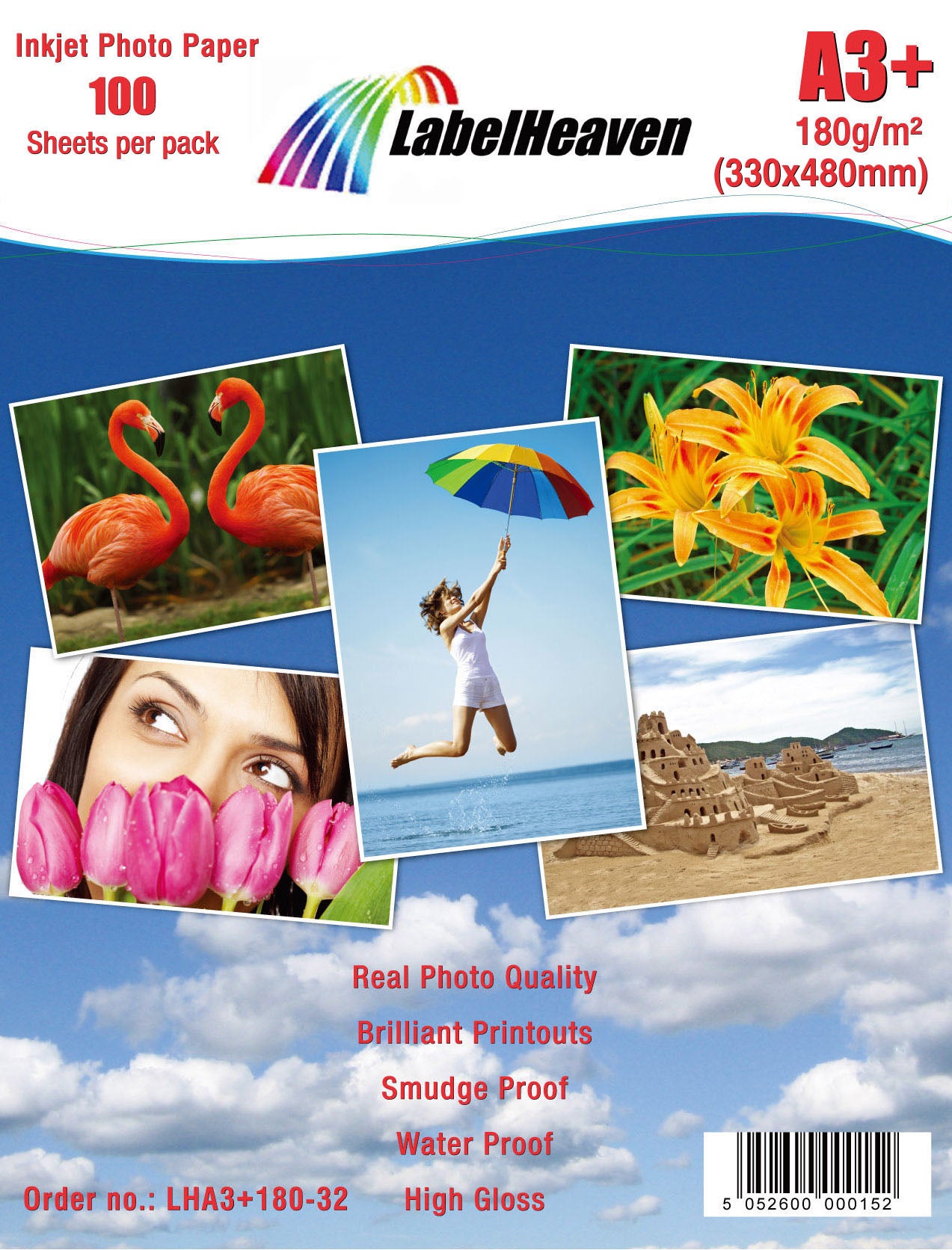 100 Blatt A3+ 180g/m² Fotopapier HGlossy+wasserfest von Labelheaven