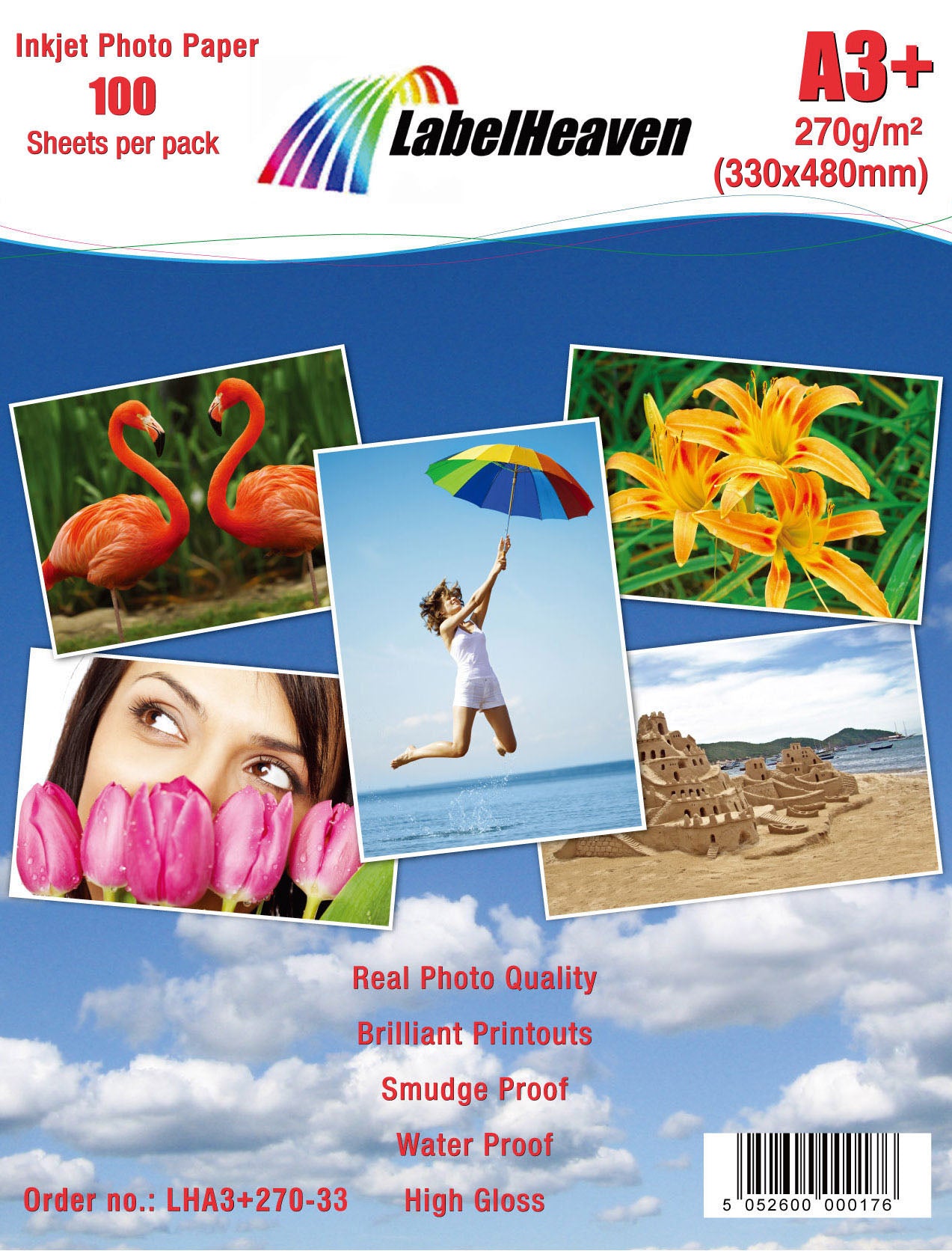 100 Blatt A3+ 270g/m² Fotopapier HGlossy+wasserfest von Labelheaven LHA3+270-32
