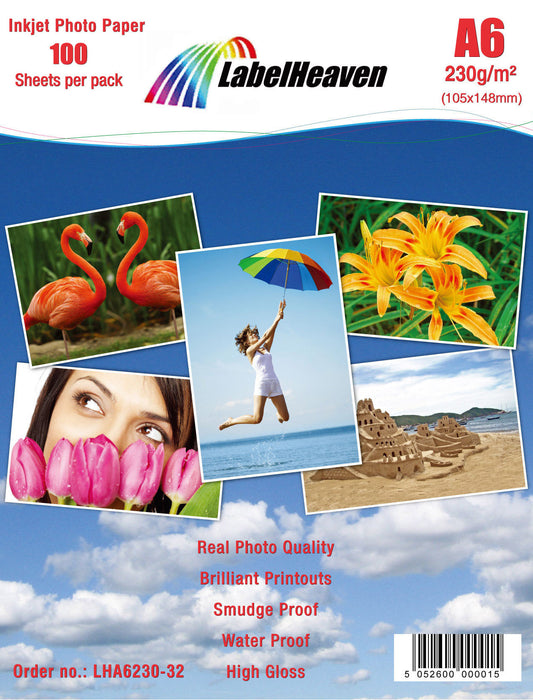 100 Blatt A6 230g/m² Fotopapier HGlossy+wasserfest von Labelheaven LHA6230-32