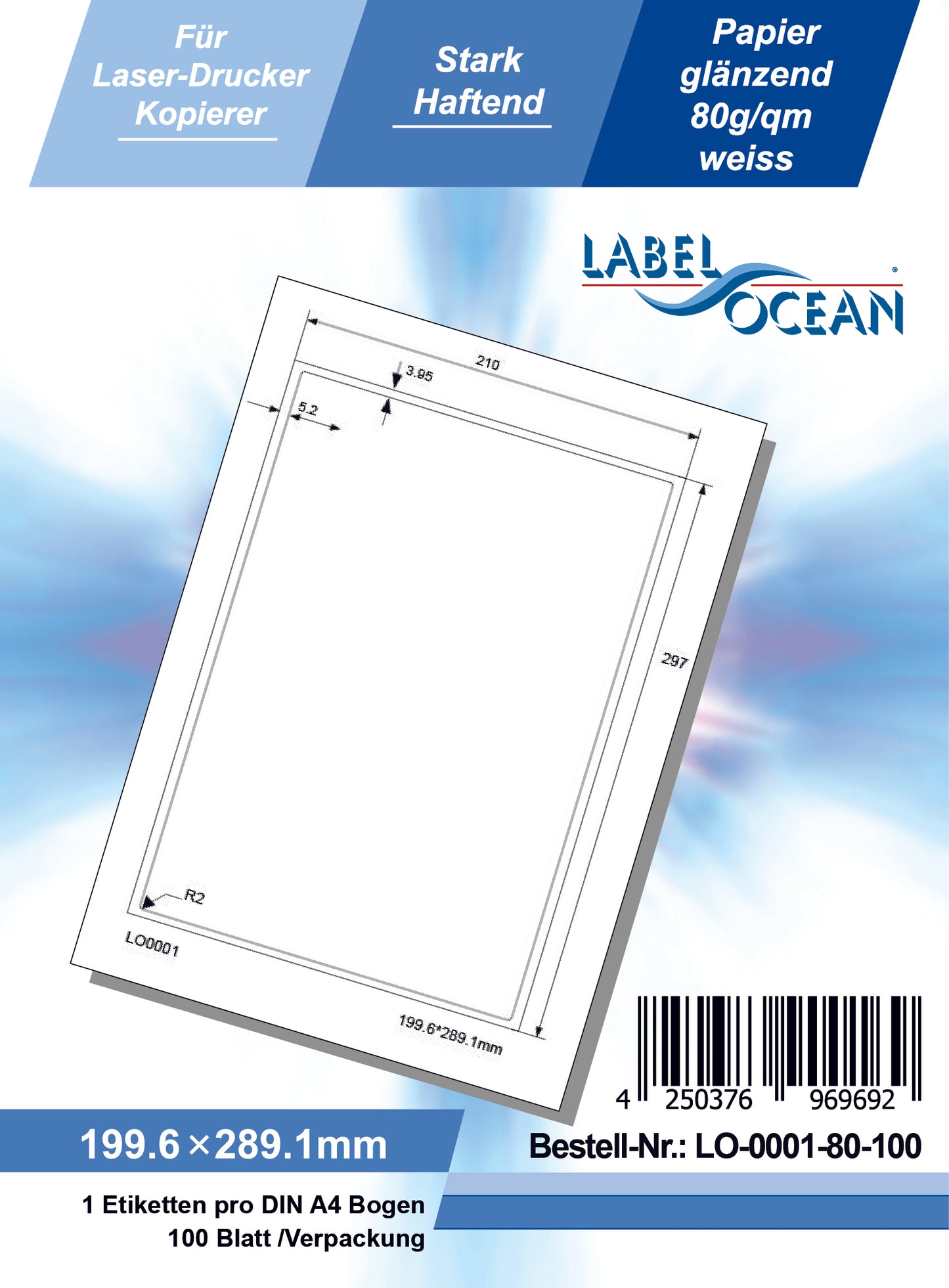 100 Universaletiketten 199,6x289,1mm, auf 100 Din A4 Bogen, glänzend, selbstklebend LO-0001-80