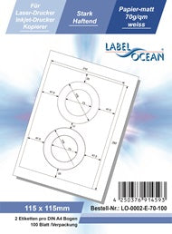200 Universaletiketten 115mm, auf 100 Din A4 Bogen, matt, selbstklebend LO-0002-E-70