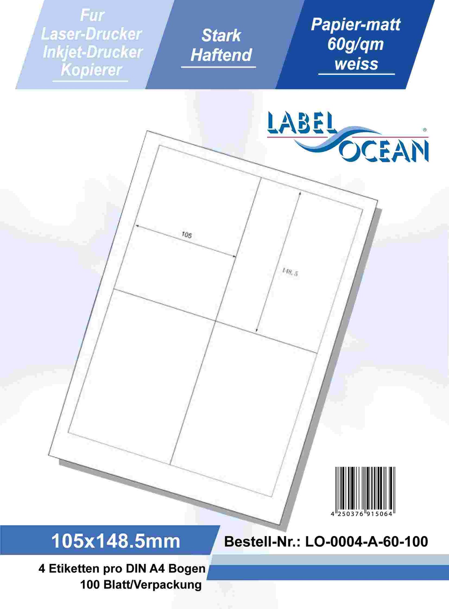 400 Universaletiketten 105x148.5mm, auf 100 Din A4 Bogen, matt, schwach klebend LO-0004-A-60-S