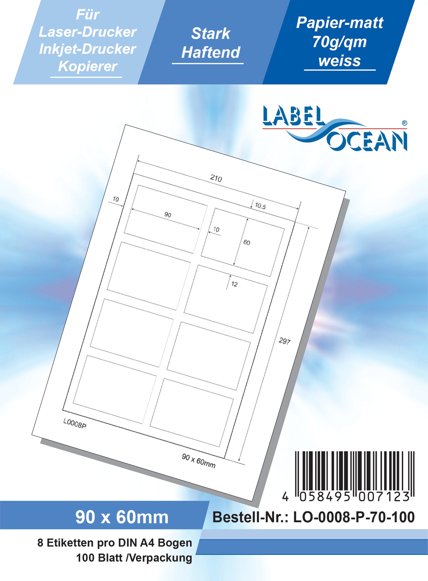 800 Universaletiketten 90x60mm, auf 100 Din A4 Bogen, matt, selbstklebend LO-0008-P-70