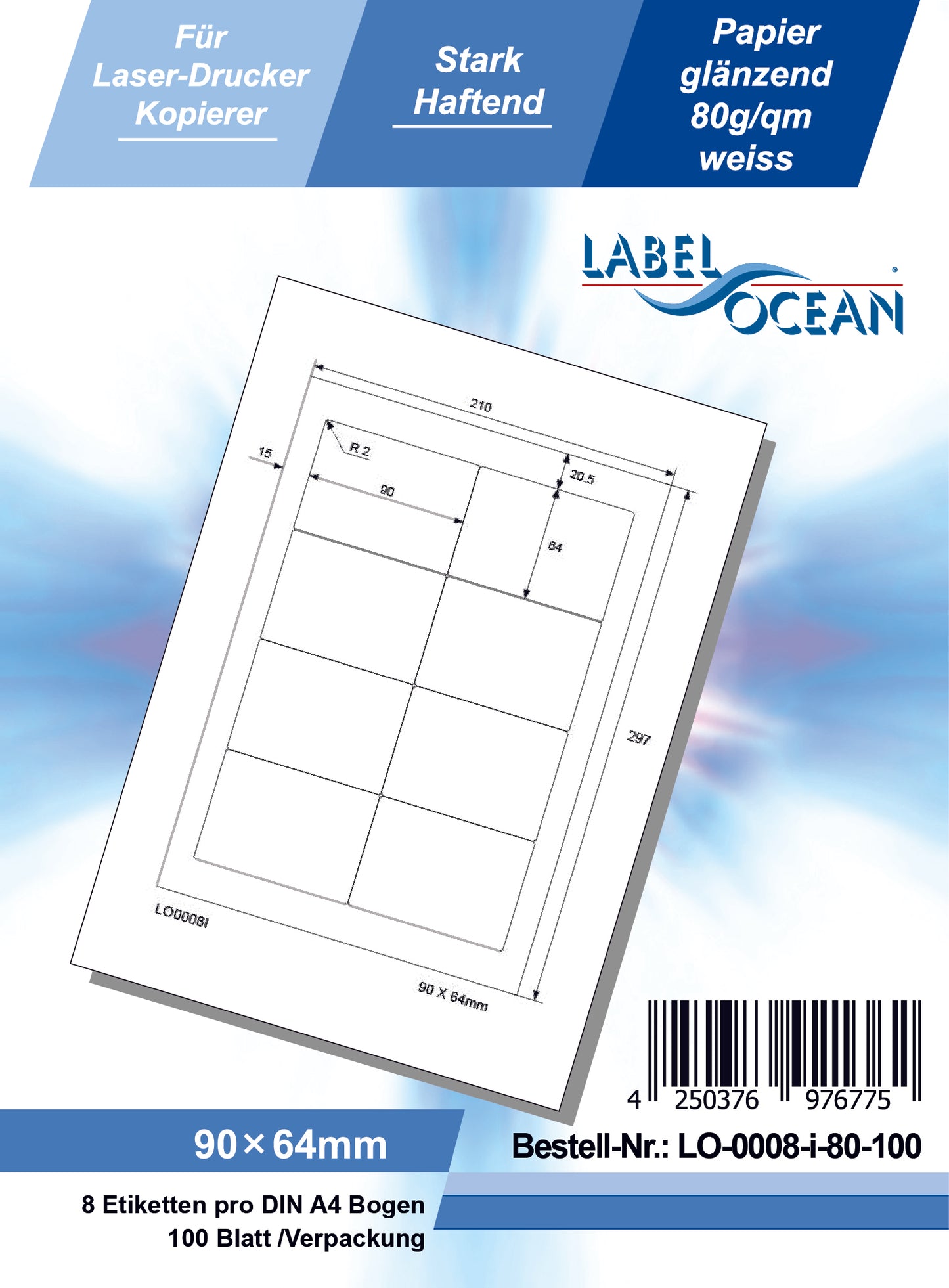 800 Universaletiketten 90x64mm, auf 100 Din A4 Bogen, glänzend, selbstklebend LO-0008-I-80