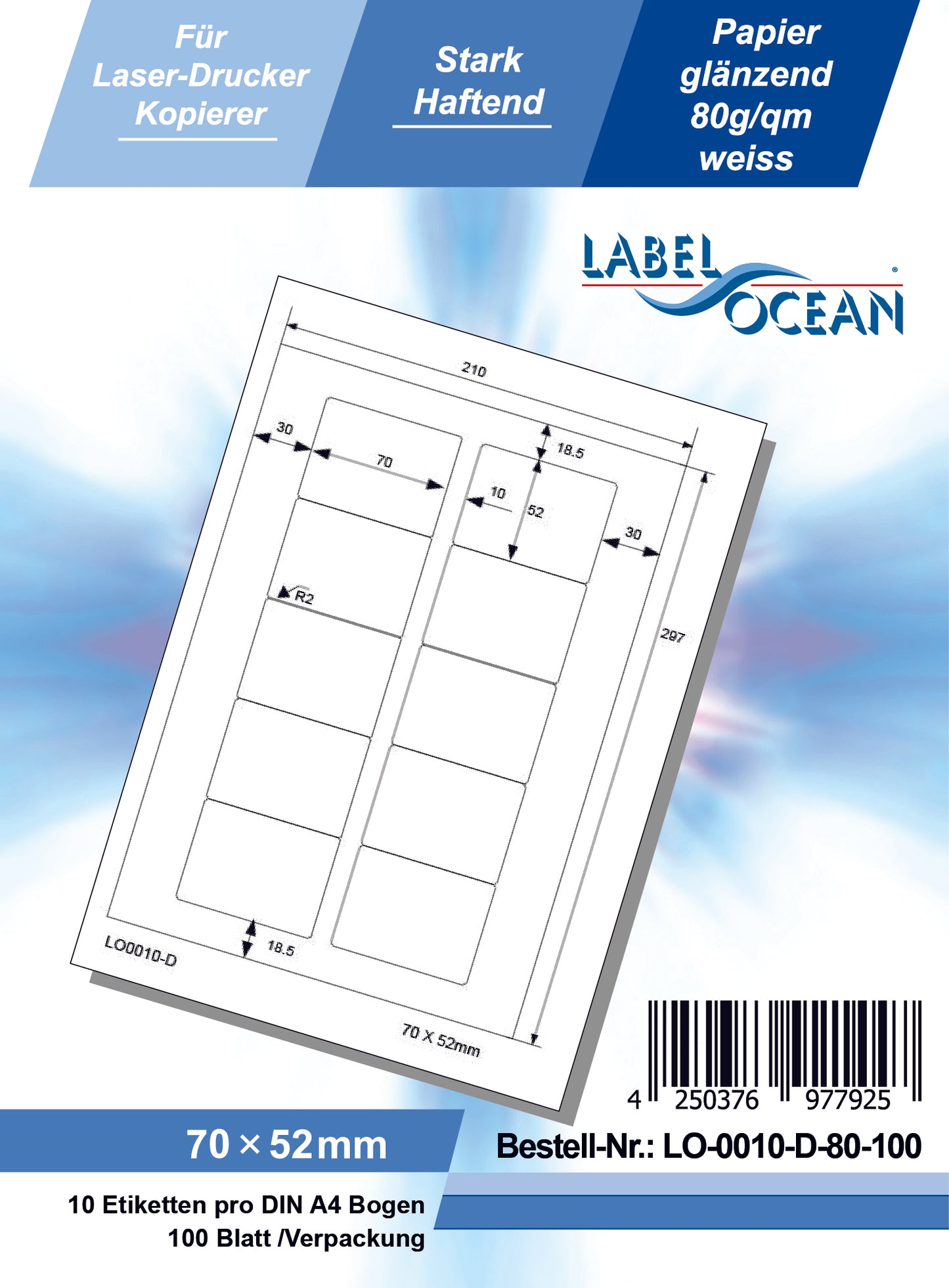 1000 Universaletiketten 70x52mm, auf 100 Din A4 Bogen, glänzend, selbstklebend LO-0010-D-80