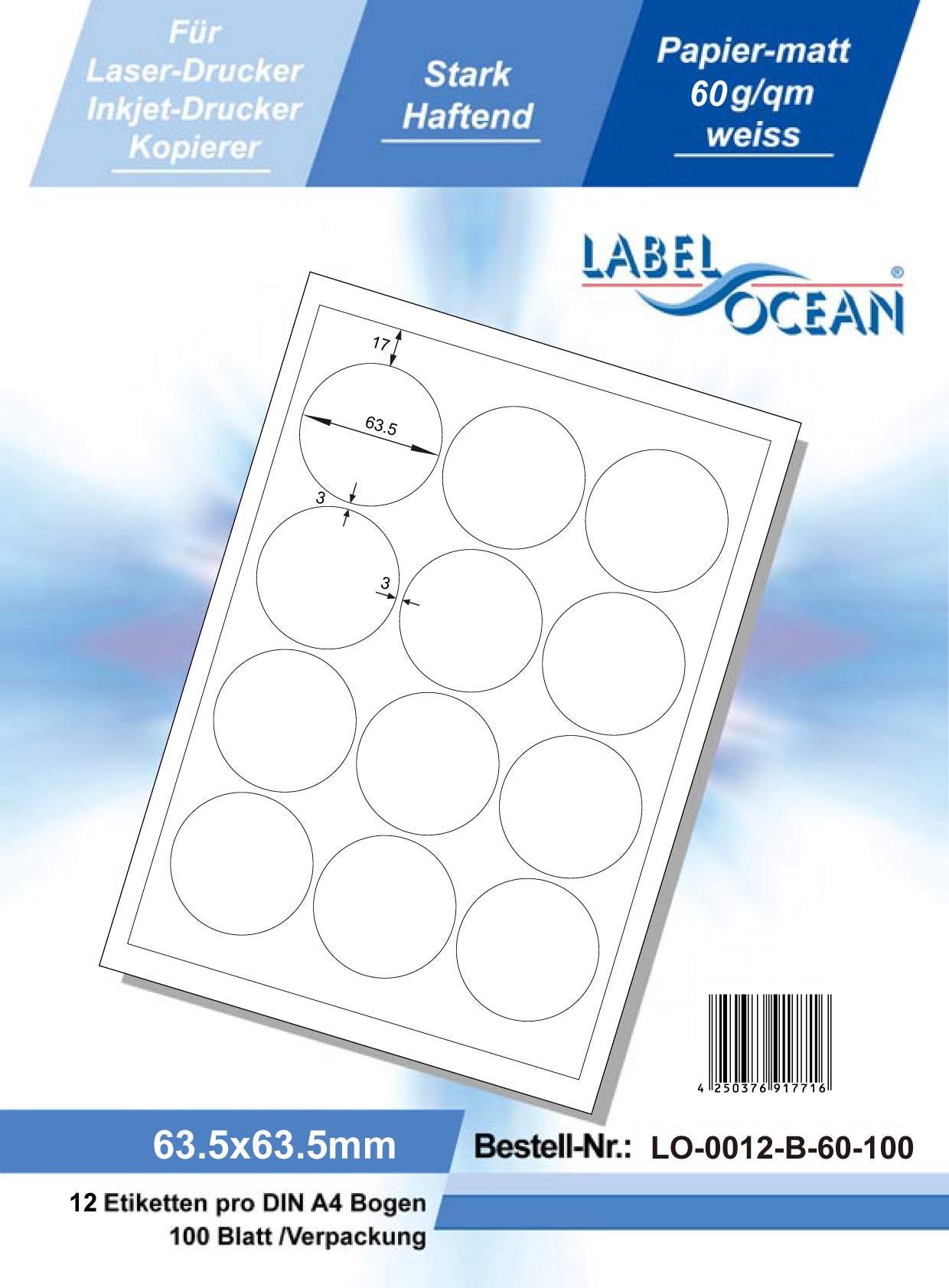 1200 Universaletiketten 63,5mm rund, auf 100 Din A4 Bogen, matt, schwach klebend LO-0012-B-60-S