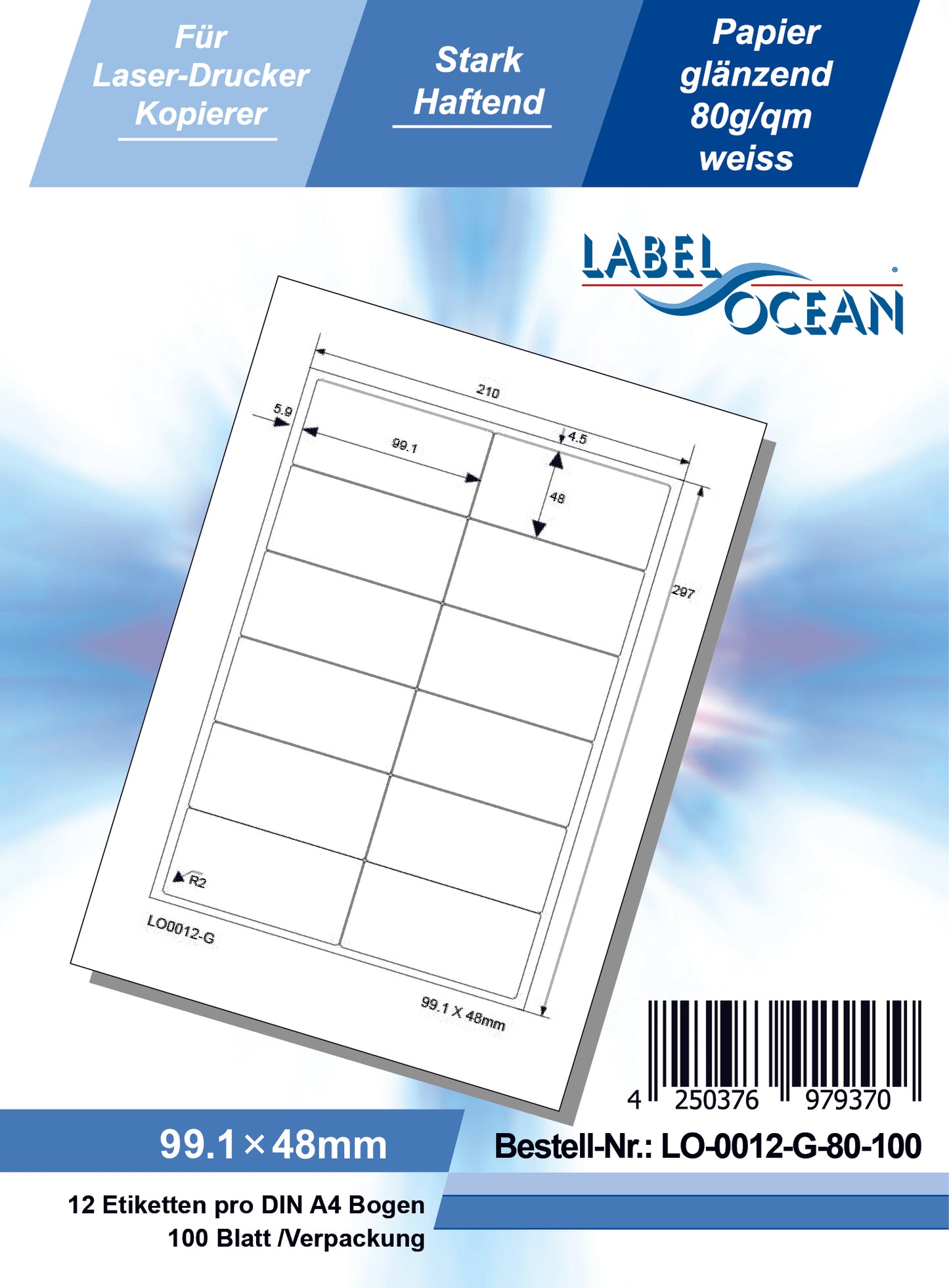 1200 Universaletiketten 99,1x48mm, auf 100 Din A4 Bogen, glänzend, selbstklebend LO-0012-G-80
