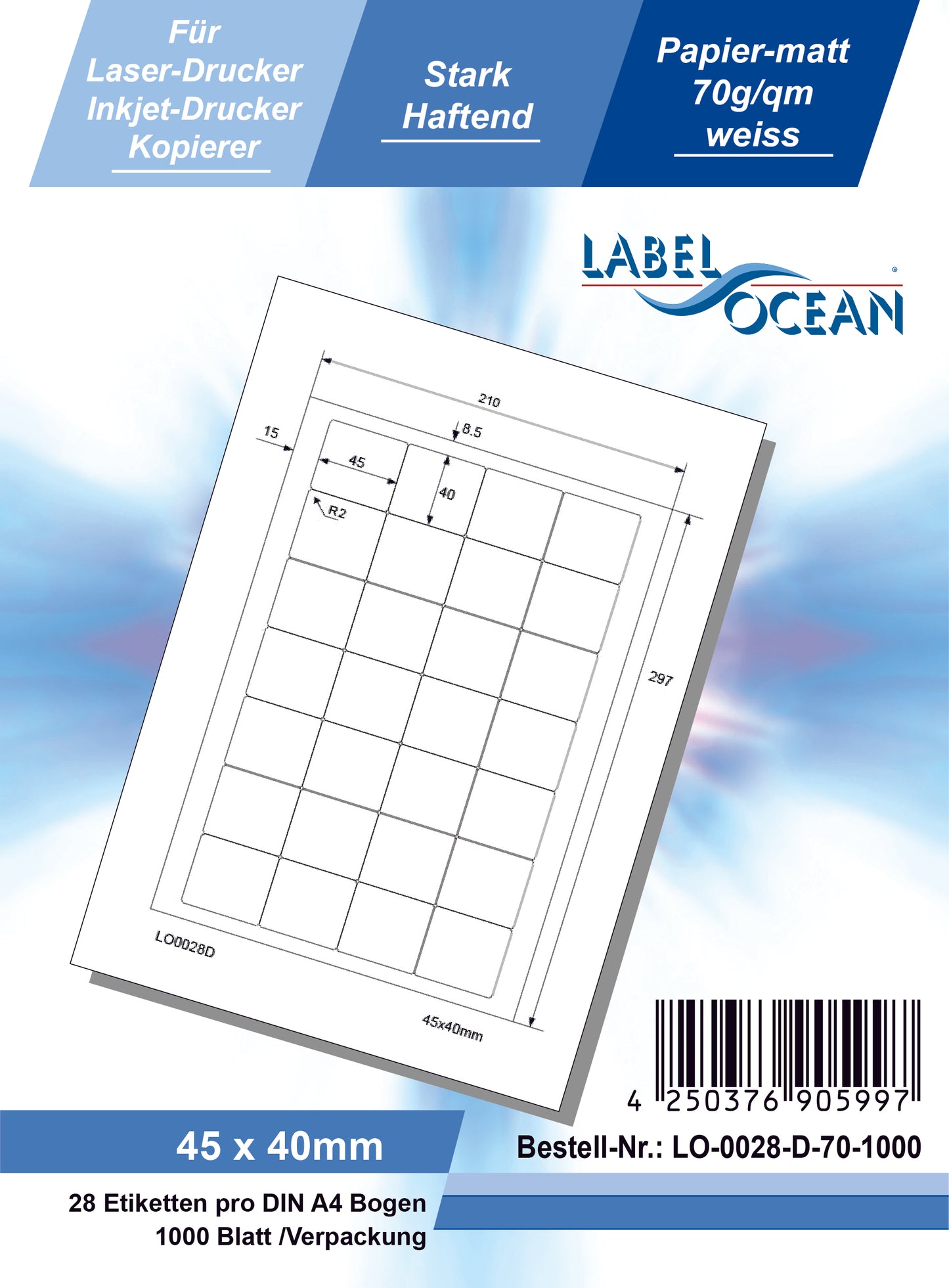 2800 Universaletiketten 45x40mm, auf 100 Din A4 Bogen, matt, selbstklebend LO-0028-D-70