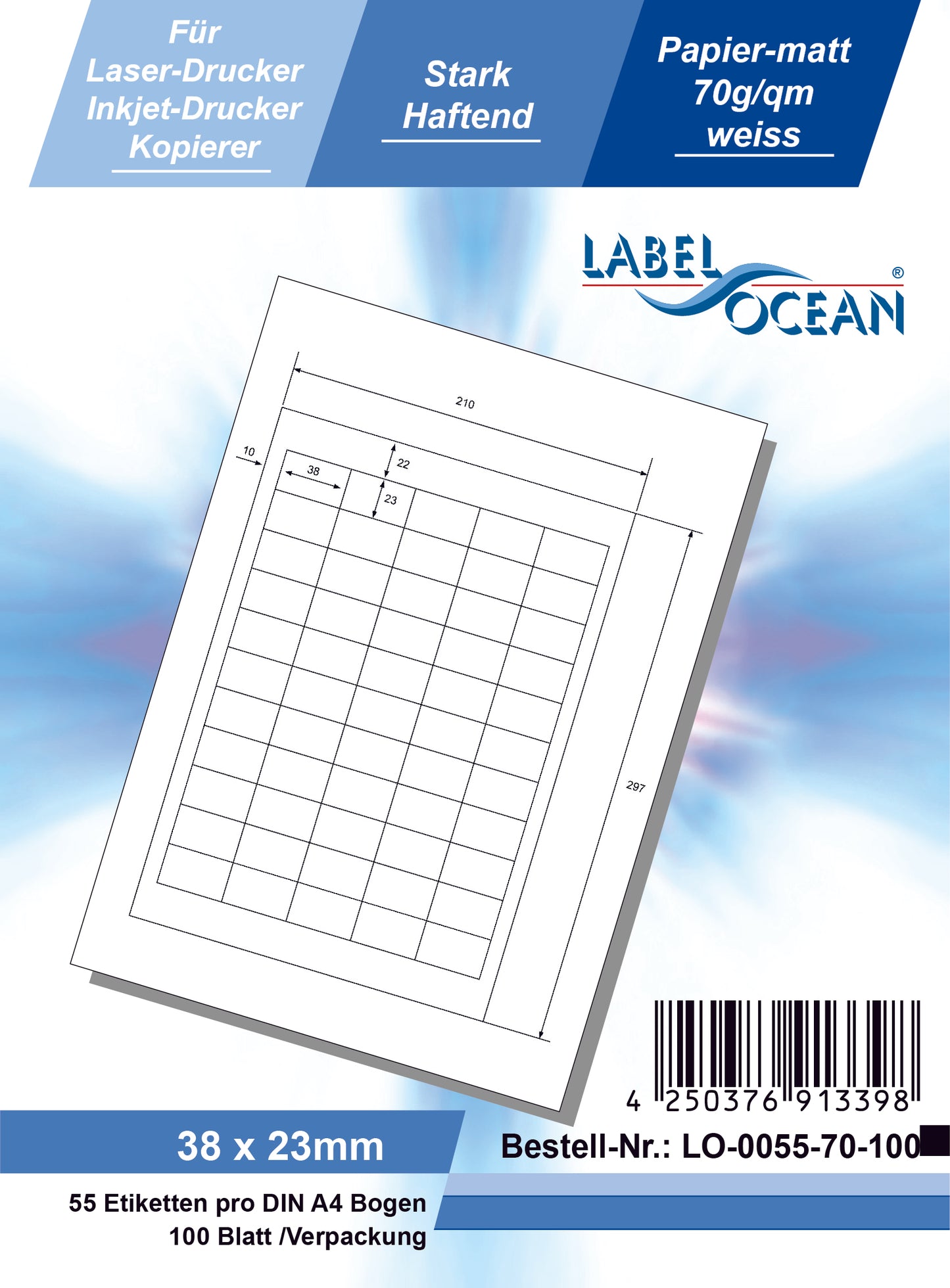 5500 Universaletiketten 38x23mm, auf 100 Din A4 Bogen, matt, selbstklebend LO-0055-70