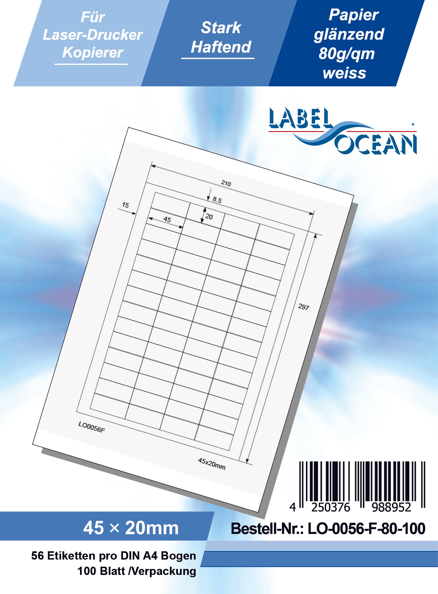 5600 Universaletiketten 45x20mm, auf 100 Din A4 Bogen, glänzend, selbstklebend LO-0056-F-80