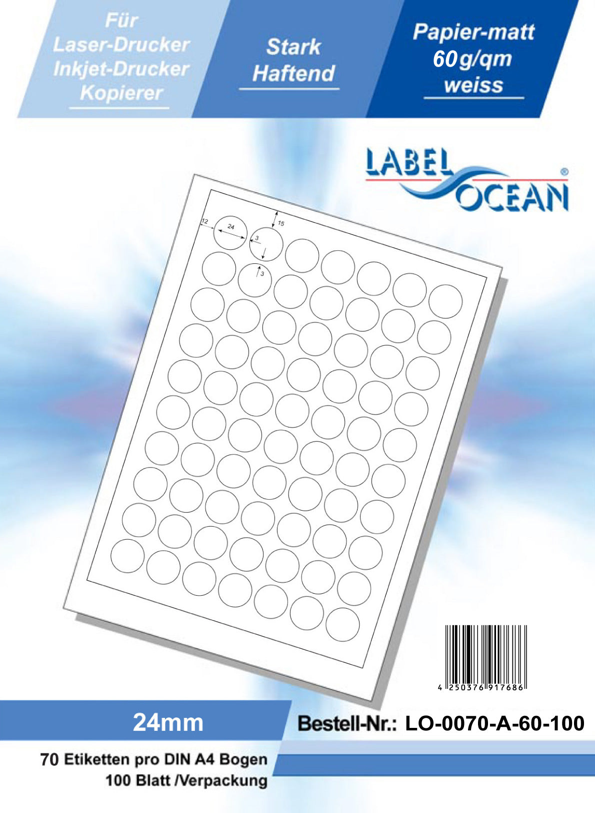 7000 Universaletiketten 24mm rund, auf 100 Din A4 Bogen, matt, schwach klebend LO-0070-A-60-S
