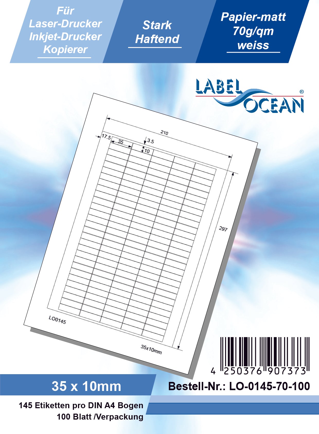 14500 Universaletiketten 35x10mm, auf 100 Din A4 Bogen, matt, selbstklebend LO-0145-70