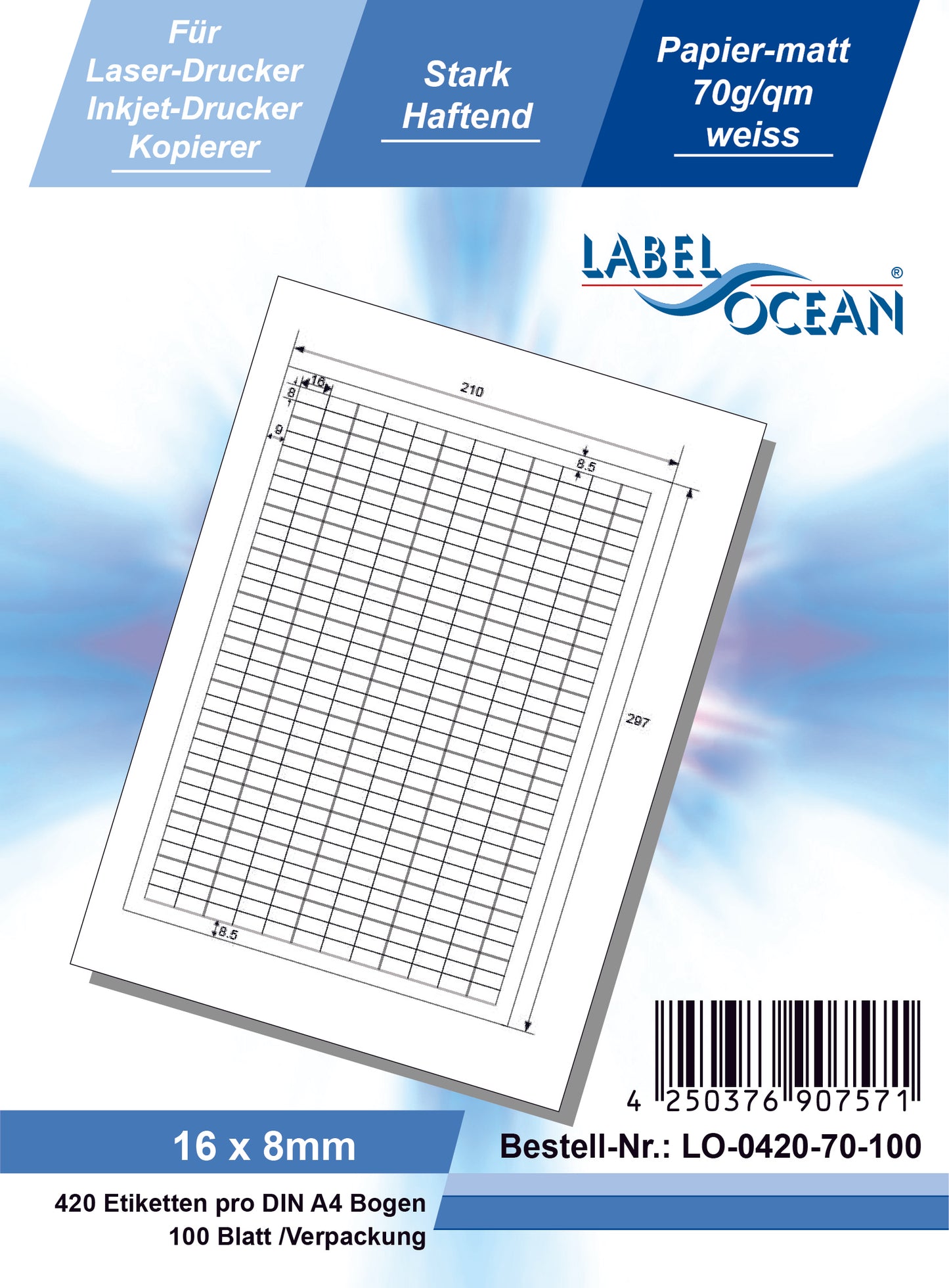 42000 Universaletiketten 16x8mm, auf 100 Din A4 Bogen, matt, selbstklebend LO-0420-70