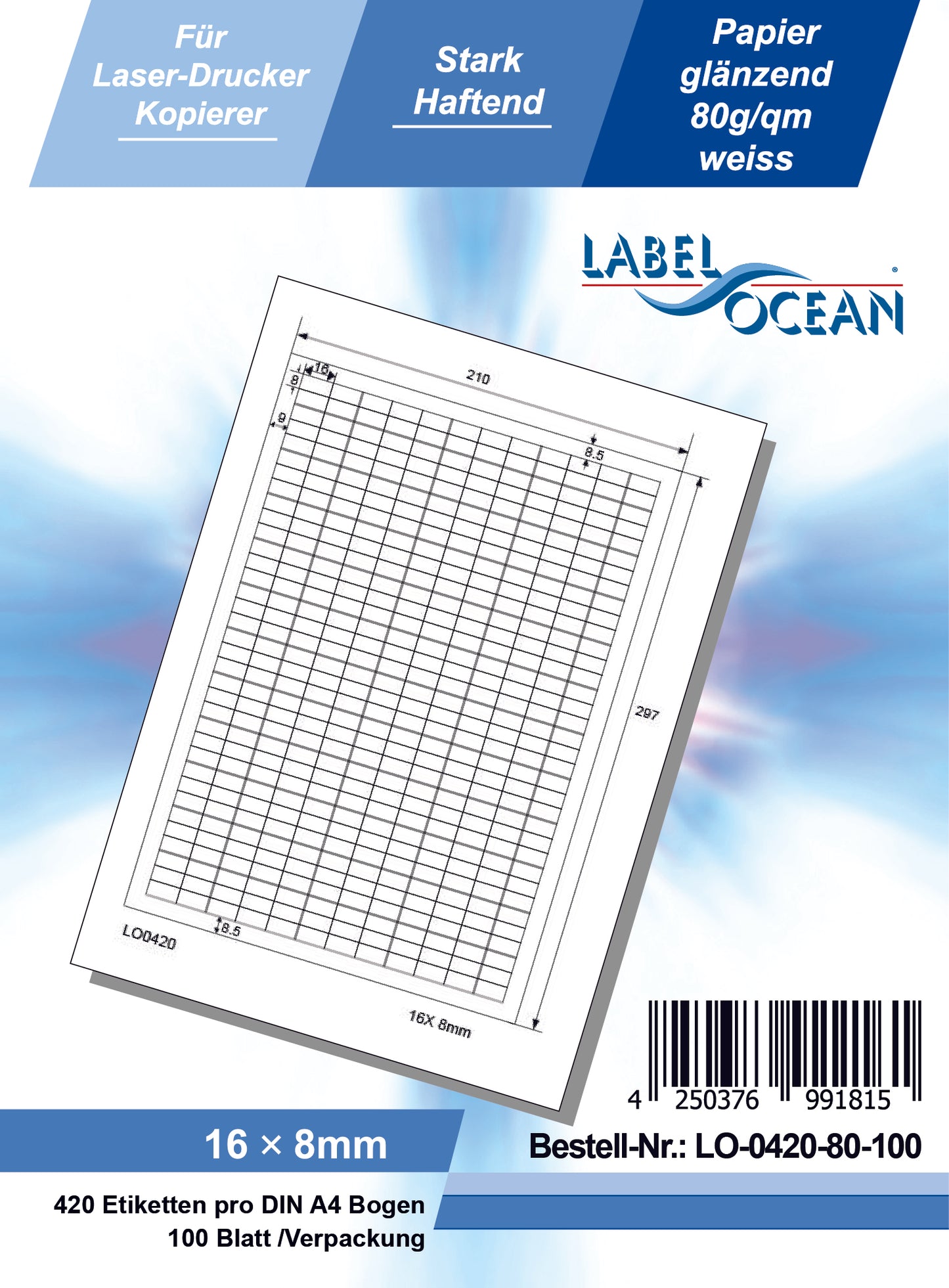 42000 Universaletiketten 16x8mm, auf 100 Din A4 Bogen, glänzend, selbstklebend LO-0420-80