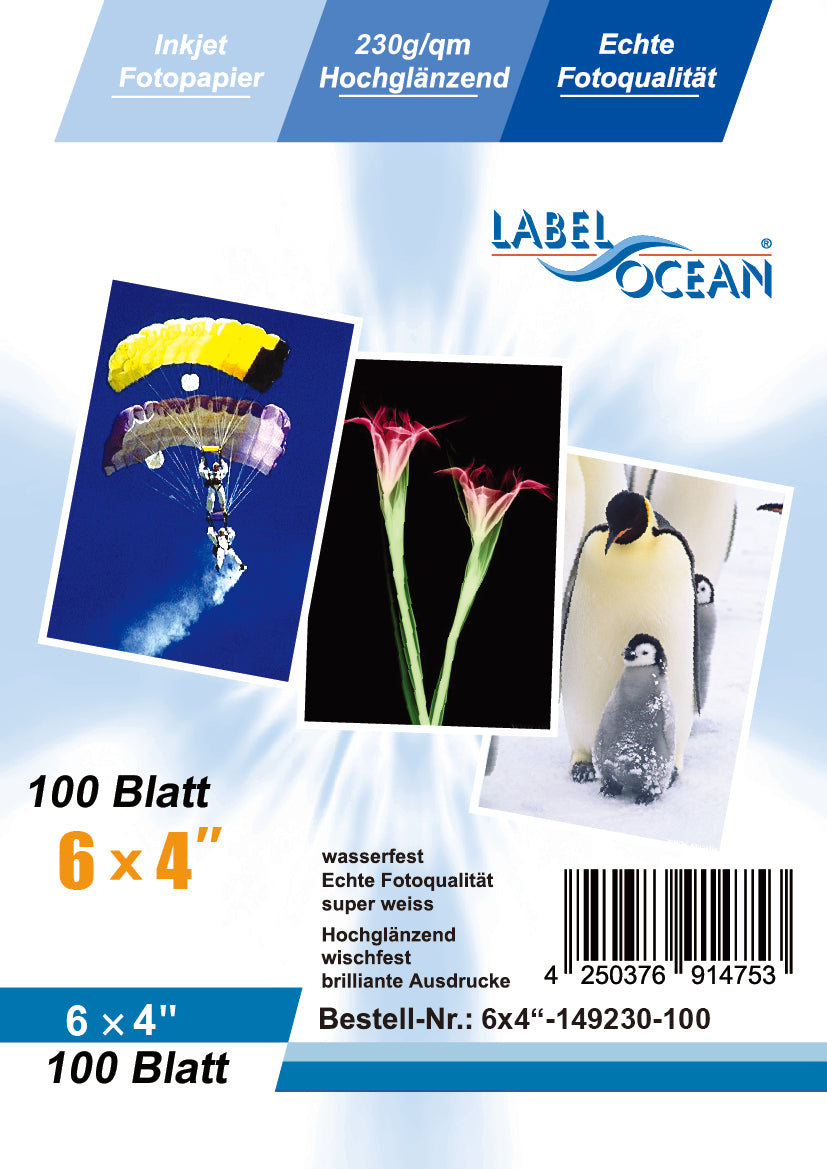 100 Blatt 6x4 inch 230g/m² Fotopapier HGlossy+wasserfest von LabelOcean