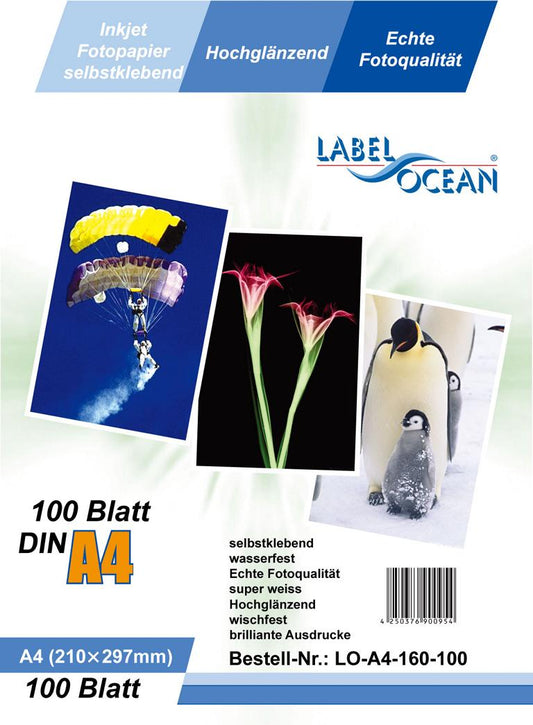 100 Bl. A4 Fotopapier selbstklebend HighGlossy + wasserfest von LabelOcean