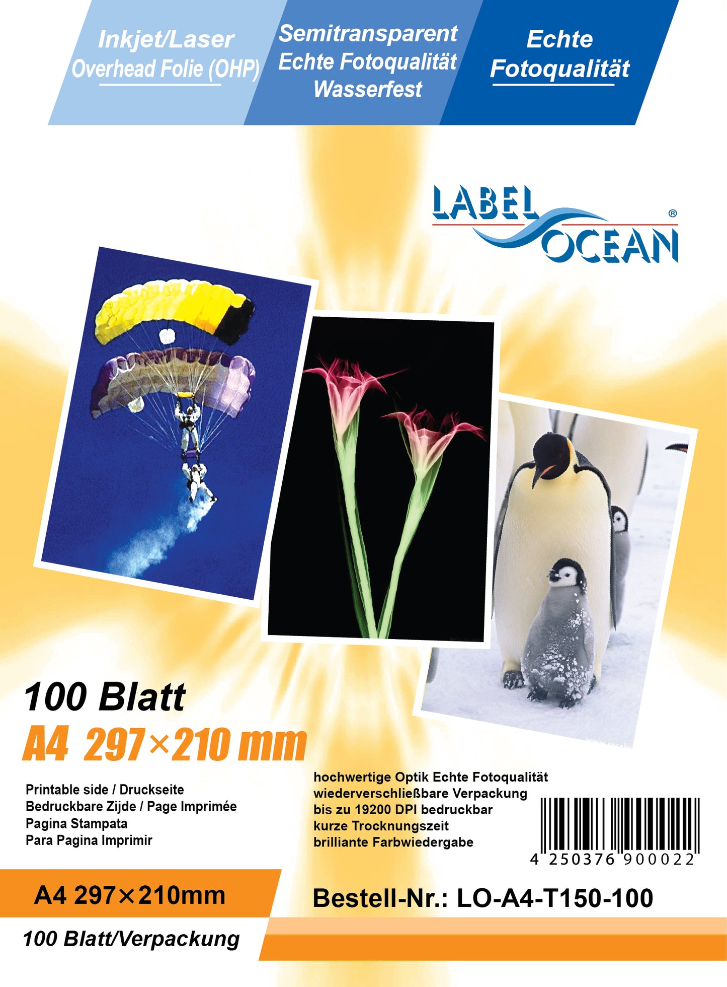 100 Blatt wasserfest milchig A4 Overheadfolien LO-A4-T150-100 (OHP) Folie transparent-glasklar für Tintenstrahldrucker