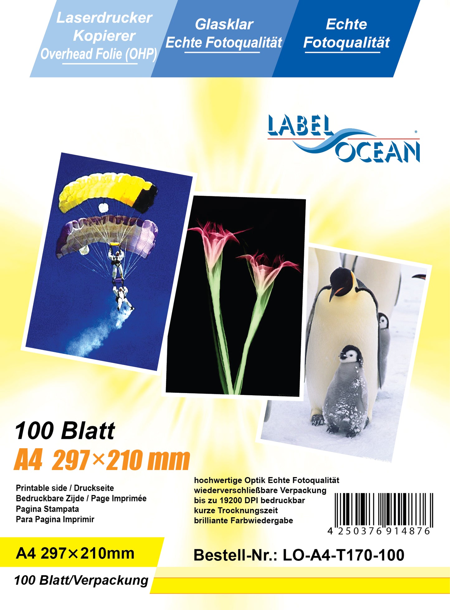 100 Blatt A4 Overheadfolien LO-A4-T170-100 (OHP) Folie transparent-glasklar für Farb-Laserdrucker und Farb-Kopierer