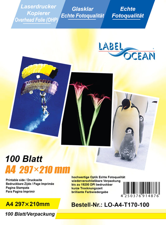 100 Blatt A4 Overheadfolien LO-A4-T170-100 (OHP) Folie transparent-glasklar für Farb-Laserdrucker und Farb-Kopierer