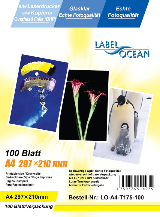 100 Blatt A4 Overheadfolien LO-A4-T175-100 (OHP) Folie transparent-glasklar für s/w Laserdrucker und s/w Kopierer