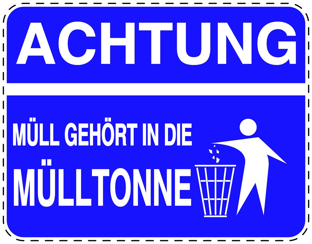Mülltonnenaufkleber Achtung Müll gehört in die Mülltonne blau