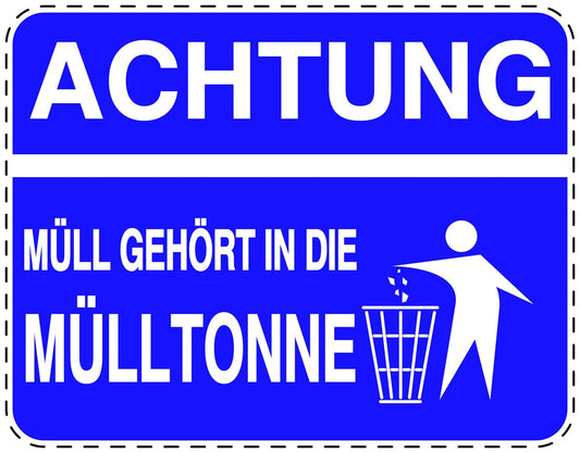 Mülltonnenaufkleber "Achtung Müll gehört in die Mülltonne" blau, horizontal LO-LITTER-H-10000-44