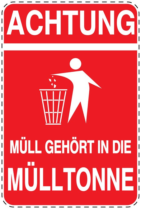 Mülltonnenaufkleber Achtung Müll gehört in die Mülltonne rot