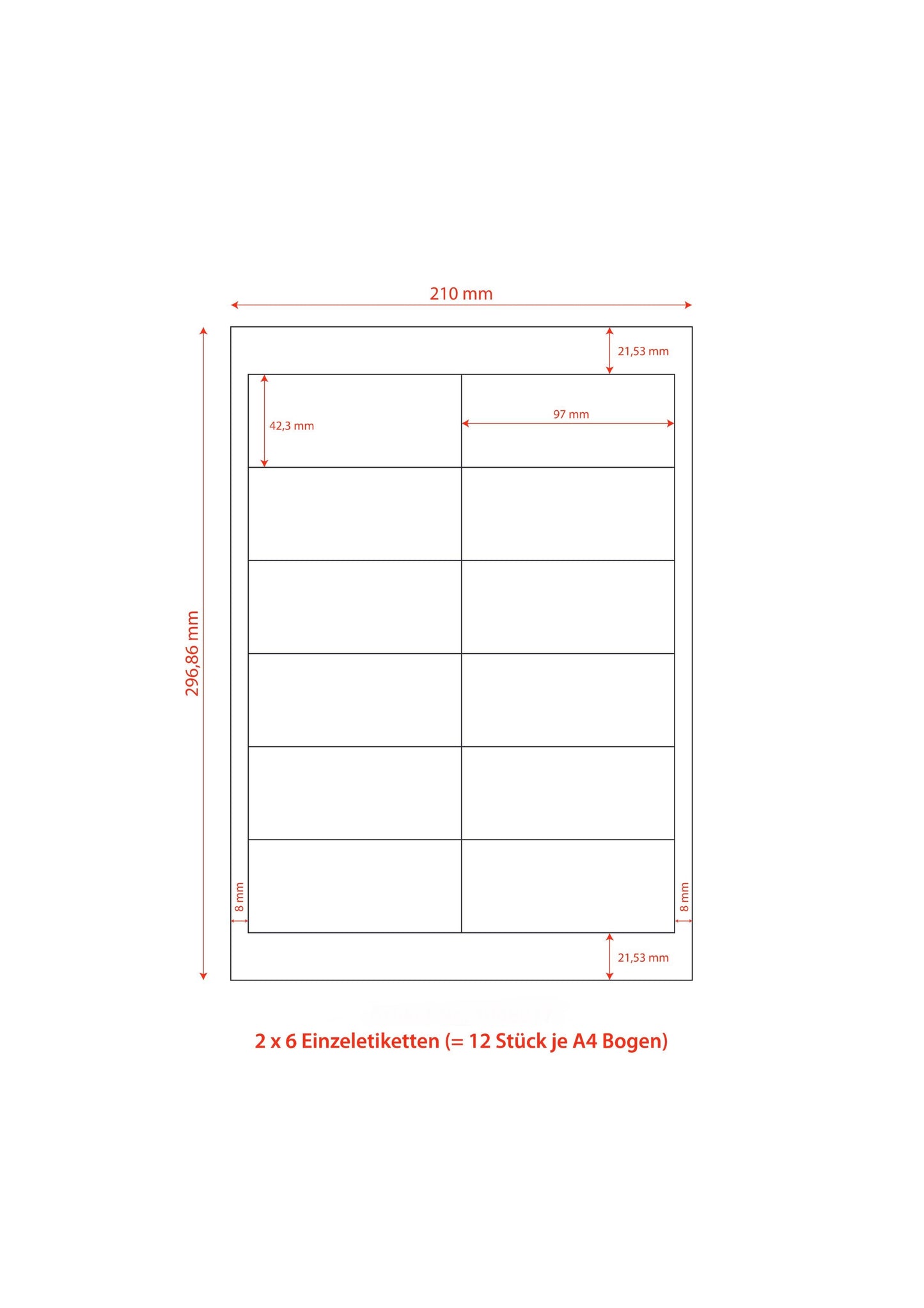 1200 Folienetiketten 97x42,3mm, auf 100 Din A4 Bogen, matt, selbstklebend