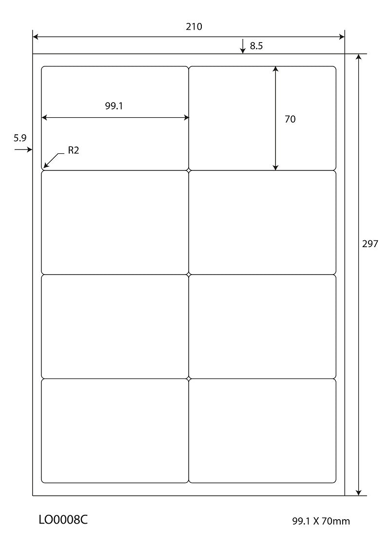 800 farbige Universaletiketten 99,1x70mm, auf 100 Din A4 Bogen, matt, selbstklebend LO-0008-C-70