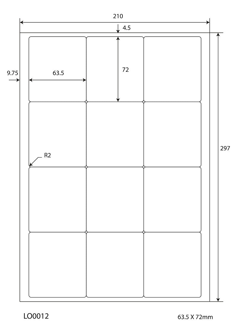 1200 Universaletiketten 63,5x72mm, auf 100 Din A4 Bogen, matt, selbstklebend LO-0012-70