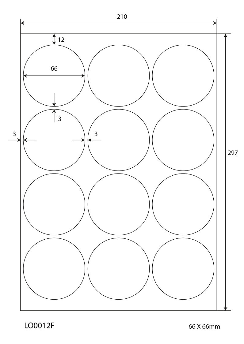 1200 Universaletiketten 66mm rund, auf 100 Din A4 Bogen, glänzend, selbstklebend LO-0012-F-80