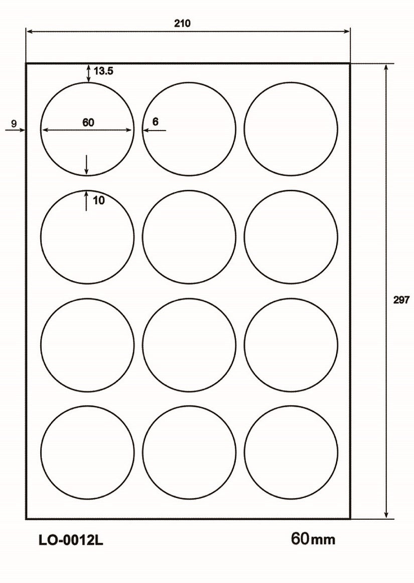 1200 Universaletiketten 60 mm rund, auf 100 Din A4 Bogen, glänzend, selbstklebend LO-0012-L-80