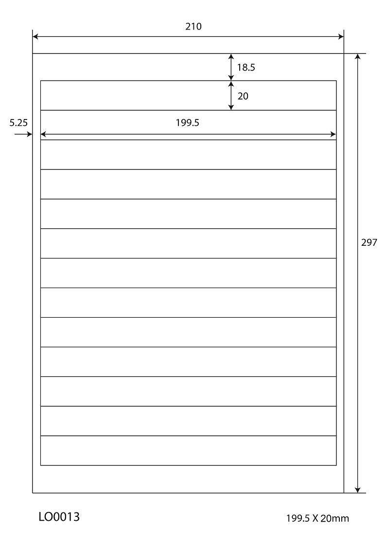 1300 Universaletiketten 199,5x20mm, auf 100 Din A4 Bogen, matt, selbstklebend LO-0013-70
