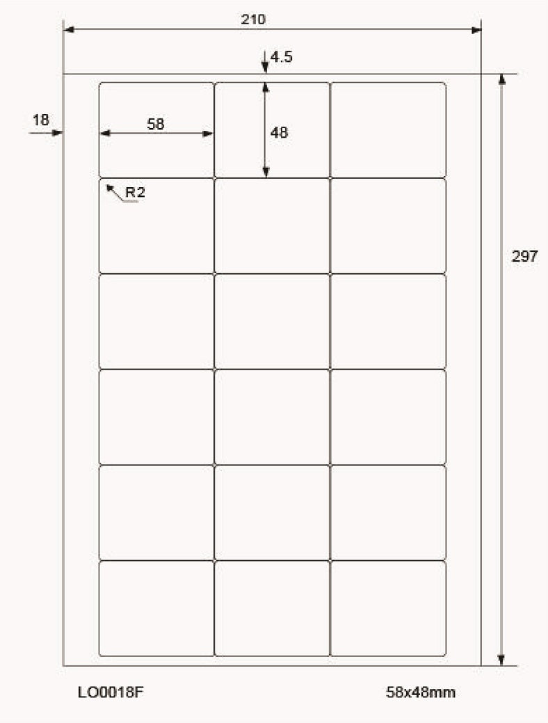1800 farbige Universaletiketten 58x48mm, auf 100 Din A4 Bogen, matt, selbstklebend LO-0018-F-70