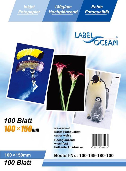 100 Blatt 10x15cm 180g/m² Fotopapier HGlossy+wasserfest von LabelOcean