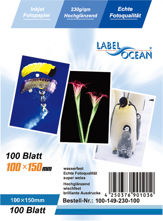 100 Blatt 10x15cm 230g/m² Fotopapier HGlossy+wasserfest von LabelOcean