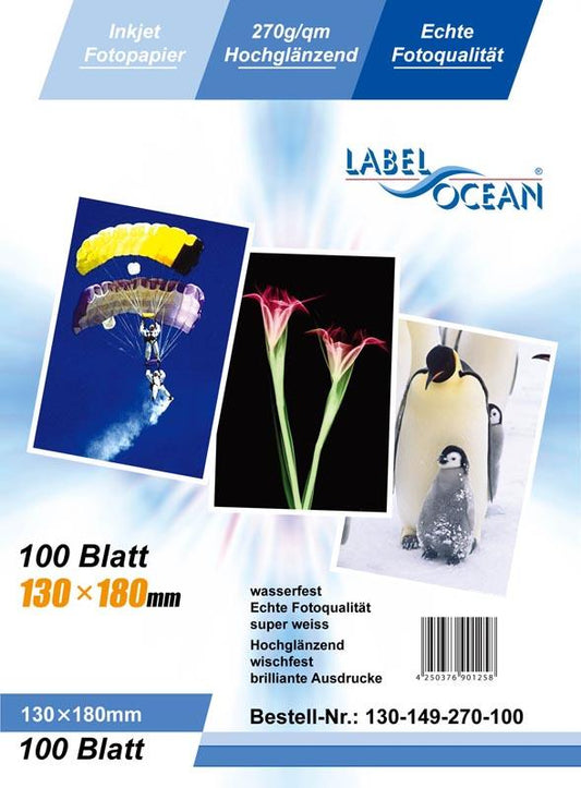 100 Blatt 13x18cm 270g/m² Fotopapier HGlossy+wasserfest von LabelOcean