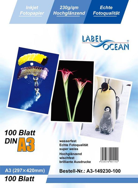 100 Blatt A3 230g/m² Fotopapier HGlossy+wasserfest von LabelOcean