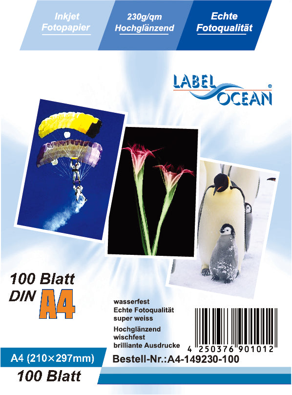 100 Blatt A4 180g/m² Fotopapier HGlossy+wasserfest von LabelOcean