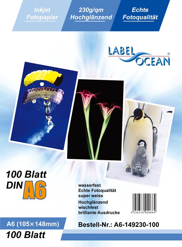 100 Blatt A6 230g/m² Fotopapier HGlossy+wasserfest von LabelOcean