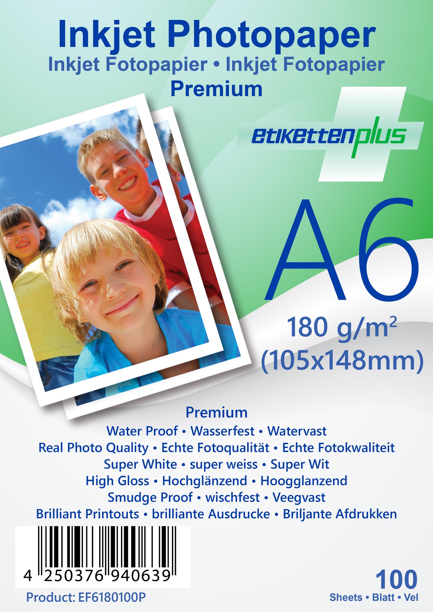 100 Blatt A6 180g/m² PREMIUM Fotopapier hoch-glänzend+wasserfest von EtikettenPlus