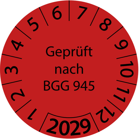Einjahresprüfetiketten, Geprüft nach BGG 945, Startjahr: 2029 aus Papier oder Plastik