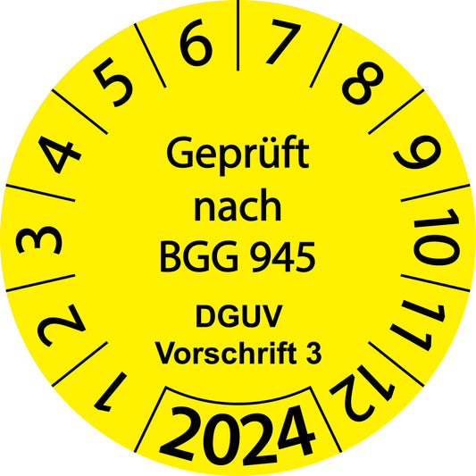 Einjahresprüfetiketten, Geprüft nach BGG 945 DGUV Vorschrift 3, Startjahr: 2024 aus Papier oder Plastik